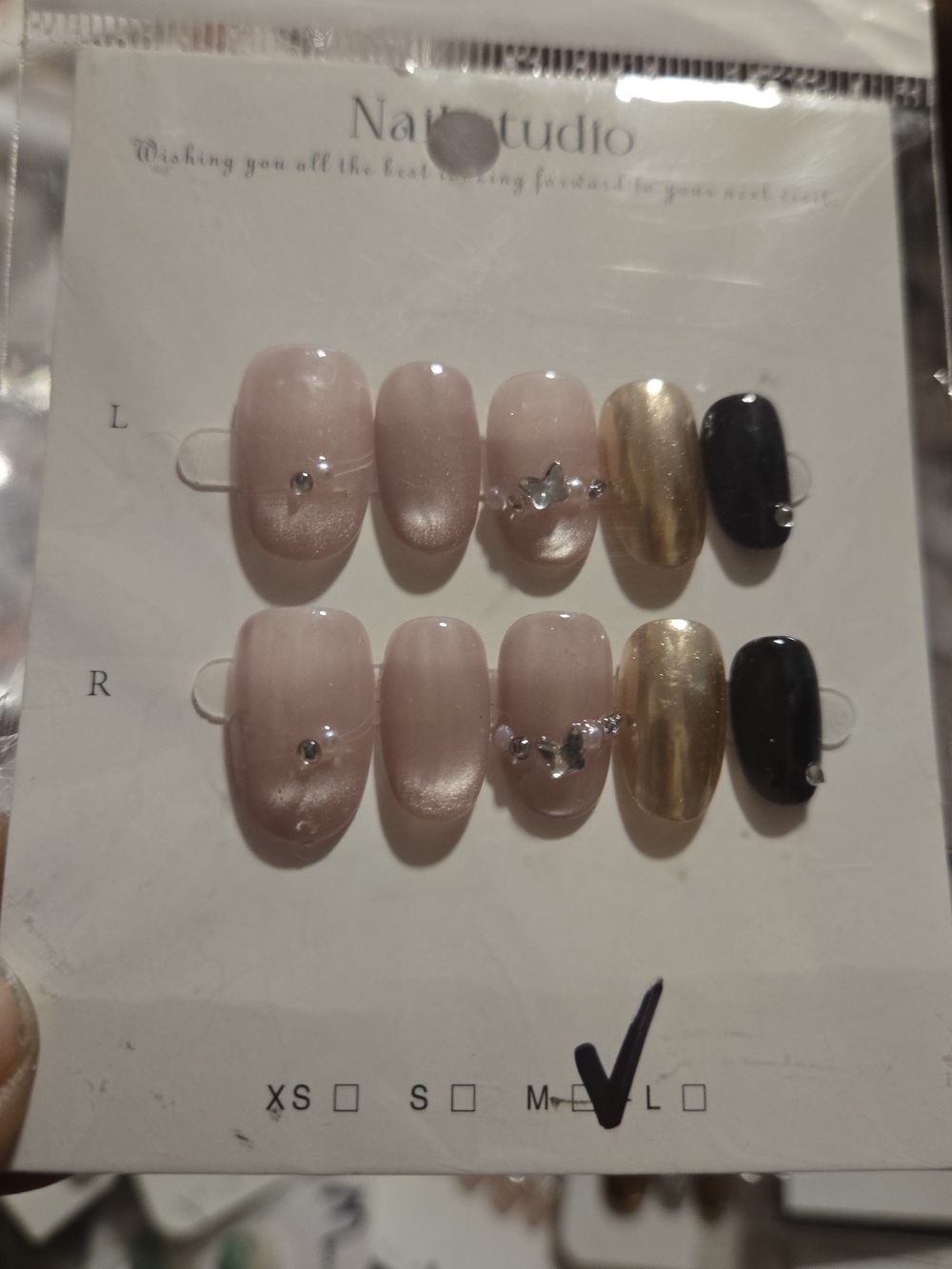 Neutral Blush & Gold Press-On Nail Set with Black Accent -